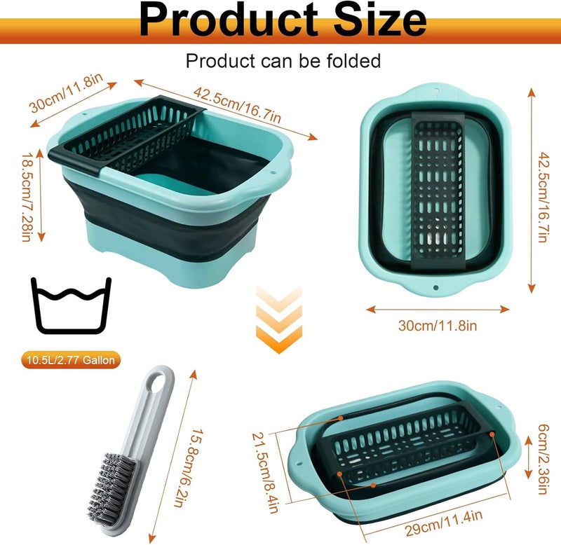 ZINSO 2.77 Gallon (10.5L) Collapsible Dish Basin with Drain Plug, Green Camping Dish Basin for RV, Space-Saving Foldable Wash Tub, BPA-Free Portable Sink for Vegetables and Dishes- with Brush - Image 2